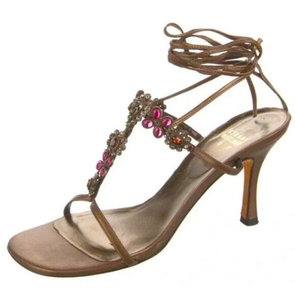 Stuart Weitzman Strappy Jeweled Embellished Sandals Sz-9N Bronze Leather - Picture 1 of 14
